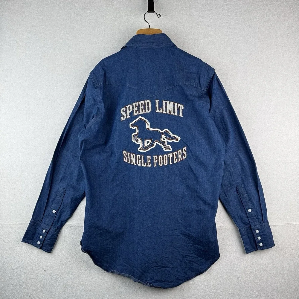 Vtg Wrangler Western Denim Pearl Snap Men's Large Embroidered Speed Limit